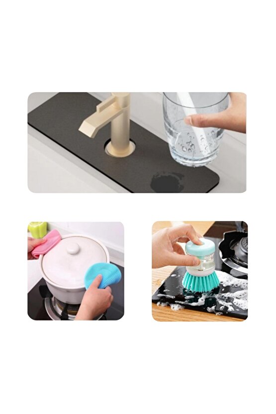 Su Emici Musluk Kenar Matı +Pratik Hazneli Bulaşık Fırçası+Silikon Bulaşık Yıkama Fırçası Tükenmeyen