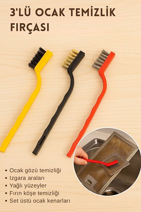 3’lü Ocak Temizlik Fırçası Seti – Metal, Pirinç ve Naylon Kıl