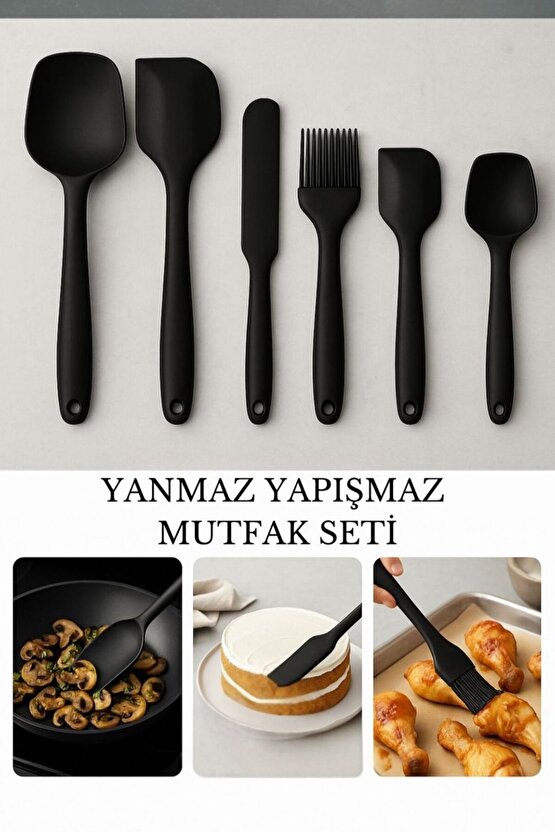 6 Parça Yanmaz Yapışmaz Silikon Pasta, Yumurta Fırçası, Kaşık Bıçak, Spatula Mutfak Seti