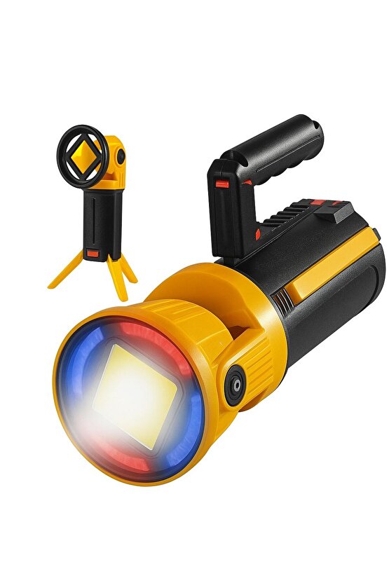 Kırmızı Mavi Çakarlı COB Ledli Şarjlı Kamp El Feneri Işıldak