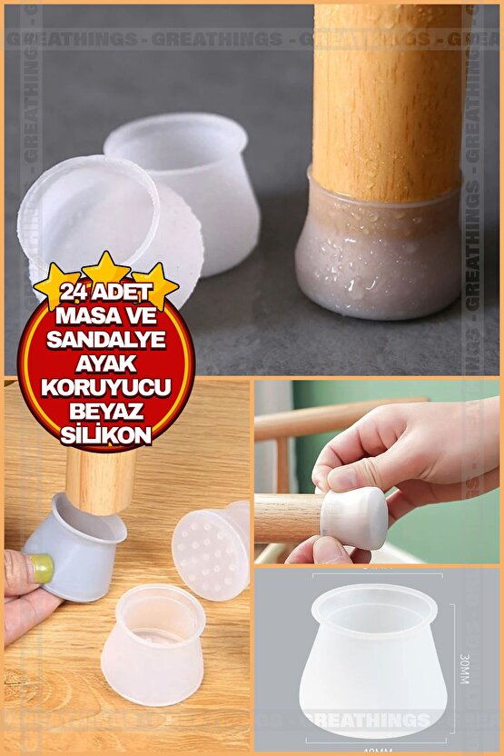 24 Adet Masa ve Sandalye Ayak Koruyucu Beyaz Silikon Sessiz Tip Zemin Koruyucu