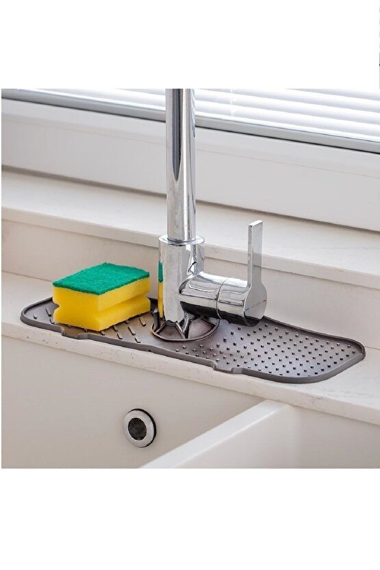 Elastik Musluk Lavabo Matı Gri-Su Tutucu Düzenleyici Kaydırmaz Mutfak Banyo Matı, 37x12 cm