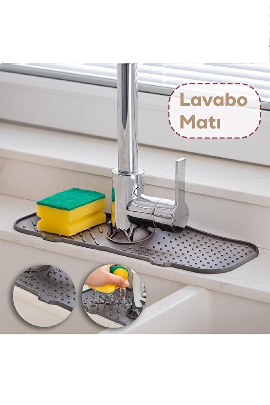 Elastik Musluk Lavabo Matı Gri-Su Tutucu Düzenleyici Kaydırmaz Mutfak Banyo Matı, 37x12 cm