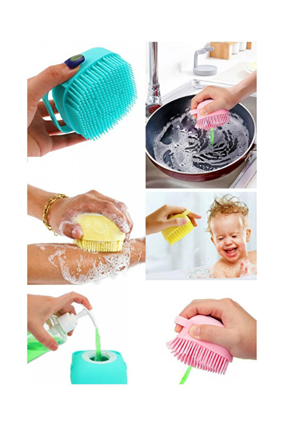 Duş Jeli Ve Şampuan Hazneli Silikon Fırça Kese Masaj Fonksiyonlu Vücut Temizleme Banyo Lifi