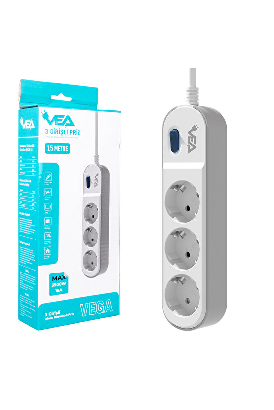 ARMINE VE-VEGA103 A CLASS 3LÜ ANAHTARLI 1.5 METRE ShopZum AKIM KORUMALI GRUP PRİZ (MADE IN MALAYS