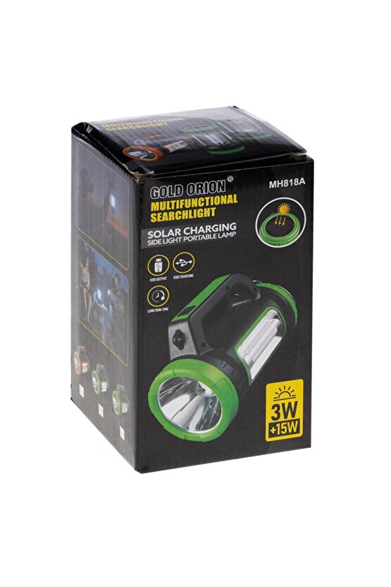 MH-818A Şarjlı + Solar 5 Modlu Çok Fonksiyonlu 3W+15W Işıldak El Feneri