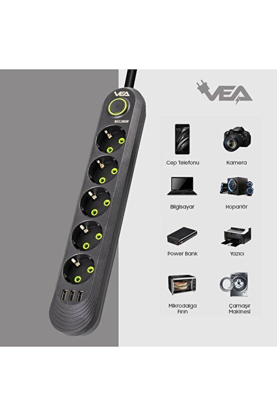 GLDRK 5Lİ 1.5 METRE KABLOLU 3 USBLİ SİYAH AKIM KORUMALI PRİZ BAKIR KABLO HARİCİ GÜÇ ANAHTA