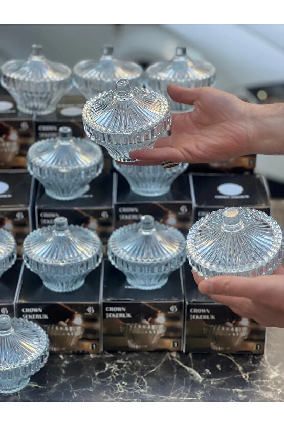 Crown Kapaklı Cam Şekerlik Pintrest Şekerliği Lokumluk Cam 1 Parça Turuncu