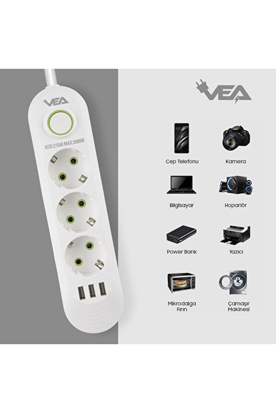 1.5 Metre Kablolu 3 USB Çıkışlı Beyaz Akım Korumalı Anahtarlı Topraklı Gurup Priz