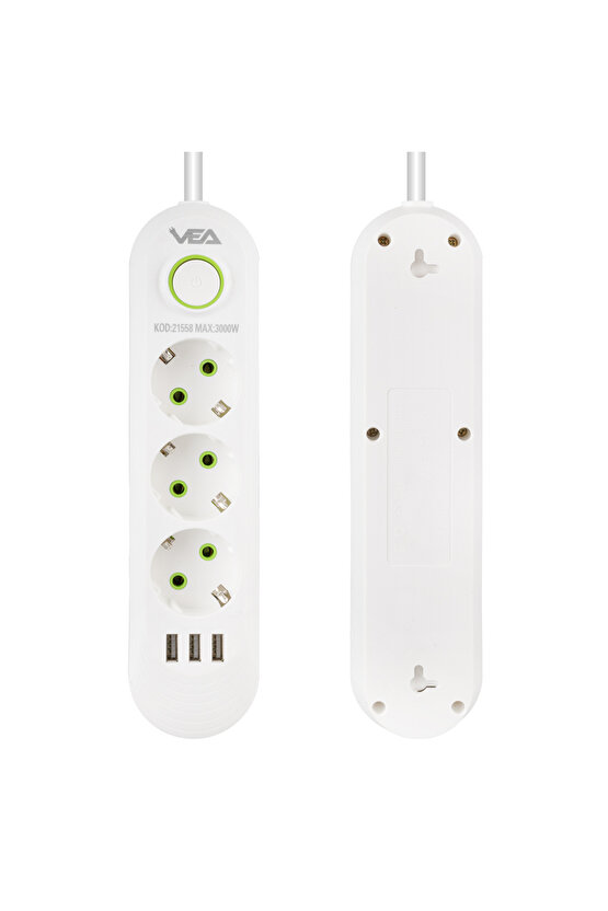 1.5 Metre Kablolu 3 USB Çıkışlı Beyaz Akım Korumalı Anahtarlı Topraklı Gurup Priz