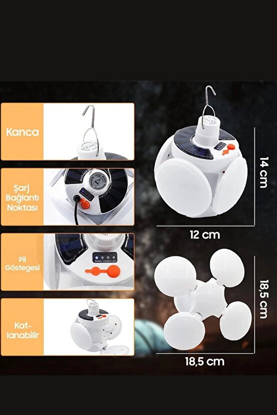 4 Kol 1 Gövde Solar Güneş Enerjisi İle Şarj Olabilen Kanca ve Pil Göstergeli Kamp ve Bahçe Işığı