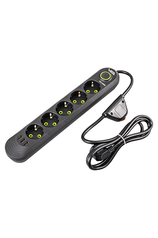 Malezya Üretimi Siyah Renk 1.5 Metre Uzatma Kablolu Akım Korumalı Priz + 3 X USB BSN77-G67T1
