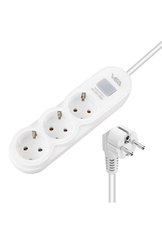 Vea Va-21571 3lü 1.5 Metre Kablolu Anahtarlı Beyaz Akım Korumalı Priz