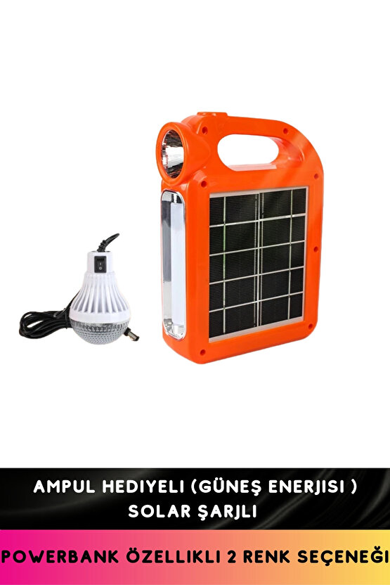 Solar Enerjili 3 Farklı Işıklı  Ampul Bağlanan El Feneri Şarjlı Pil Hediye 10 Saat Işık 2400 Mah