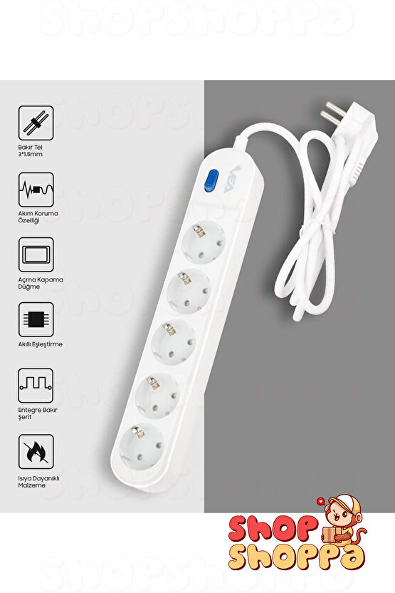 3lü 4lü 5li Akım Korumalı Grup Priz, Anahtarlı, Çocuk ve Yangın Koruması, 3500 Watt, 16 Amper