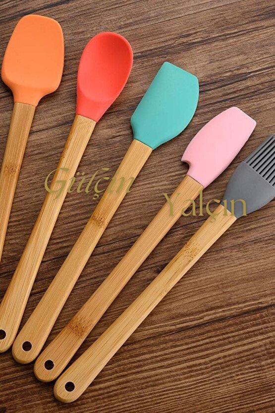 Slikon Ahşap Saplı  5li Pasta Hazırlama Seti Spatula Yağ Fırçası