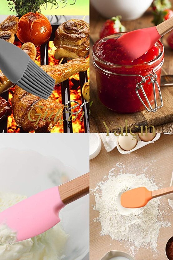 Slikon Ahşap Saplı  5li Pasta Hazırlama Seti Spatula Yağ Fırçası
