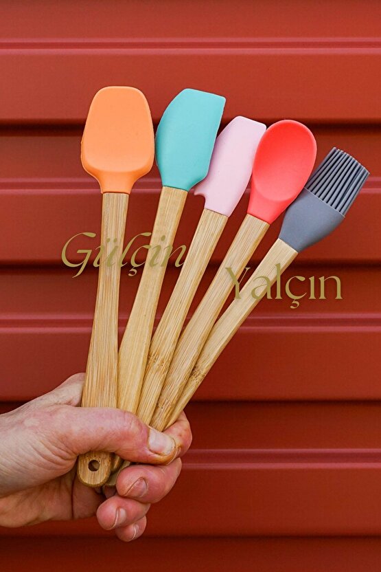 Slikon Ahşap Saplı  5li Pasta Hazırlama Seti Spatula Yağ Fırçası