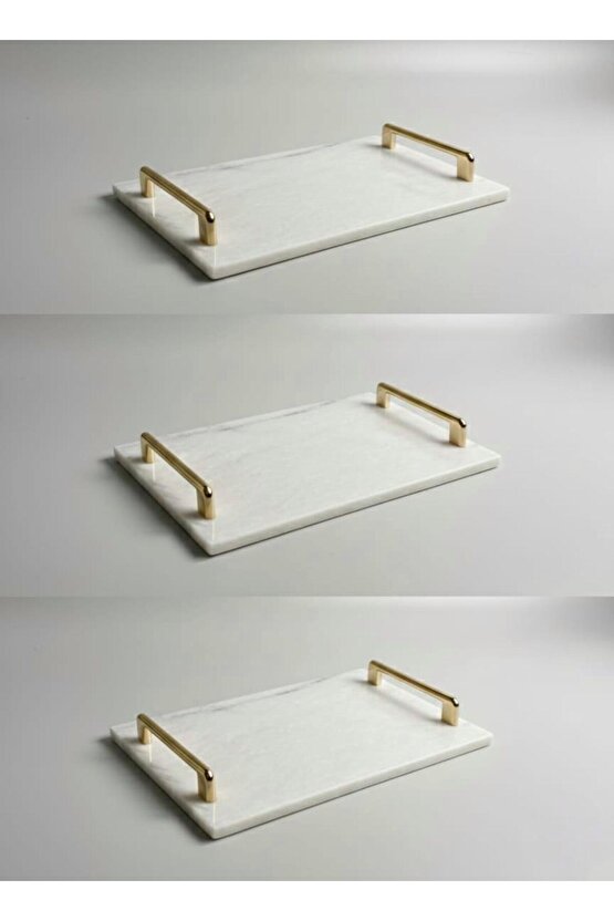 Lüks Beyaz Mermer Sunum Tepsisi Gold Metal Kulplu - Dekoratif Servis Tabağı 30x20 cm