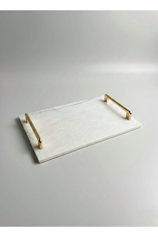 Lüks Beyaz Mermer Sunum Tepsisi Gold Metal Kulplu - Dekoratif Servis Tabağı 30x20 cm