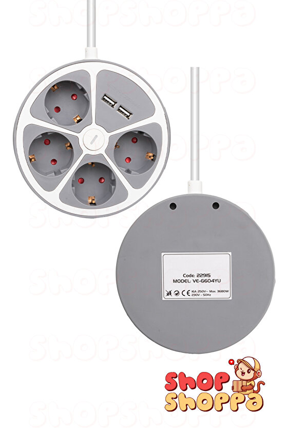 4lü 2xUSBli Çoklu Grup Priz, 1.5 mt Kablo, Anahtarlı Dörtlü Priz, Maks Kapasite 3680 Watt 16 Amper