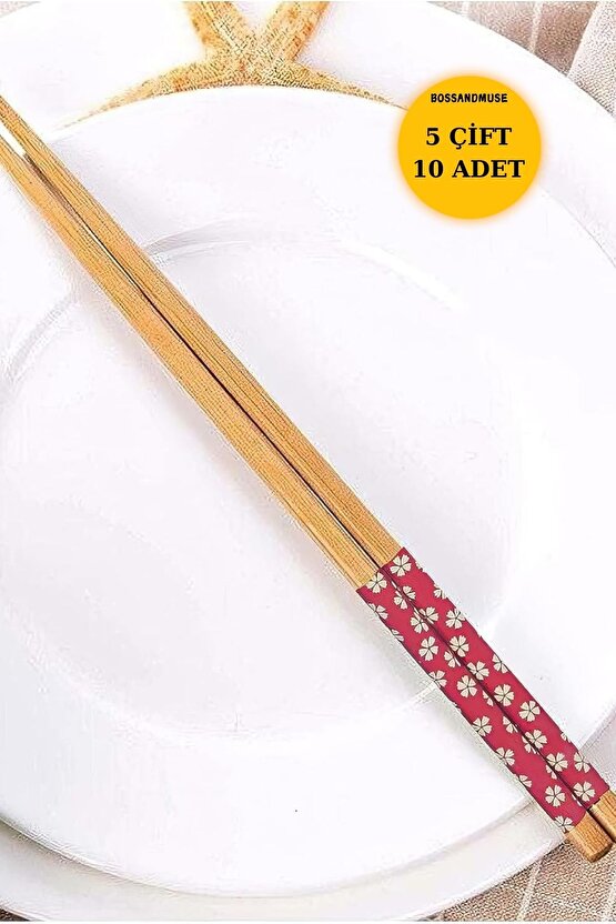1. Kalite Bambu Çubuklar - Çiçek Desenli, 5 Çift (10 ADET) Çin Yemek Çubuğı Chopstick