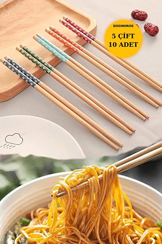 1. Kalite Bambu Çubuklar - Çiçek Desenli, 5 Çift (10 ADET) Çin Yemek Çubuğı Chopstick