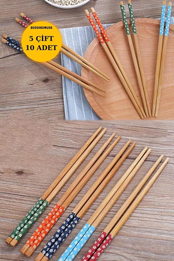 1. Kalite Bambu Çubuklar - Çiçek Desenli, 5 Çift (10 ADET) Çin Yemek Çubuğı Chopstick