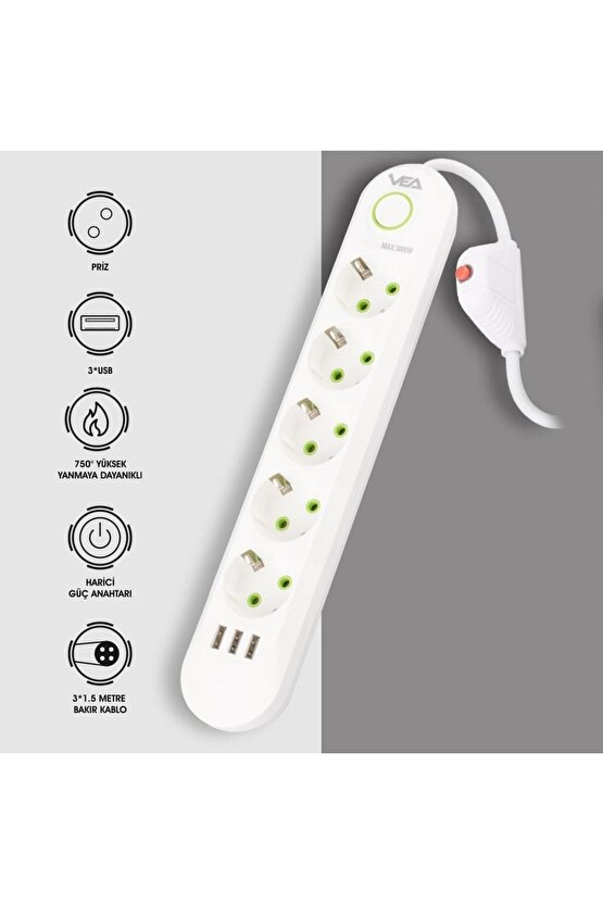 1.5 Metre Kablolu 3 Usb’li Beyaz Akım Korumalı Priz AXE-71L93