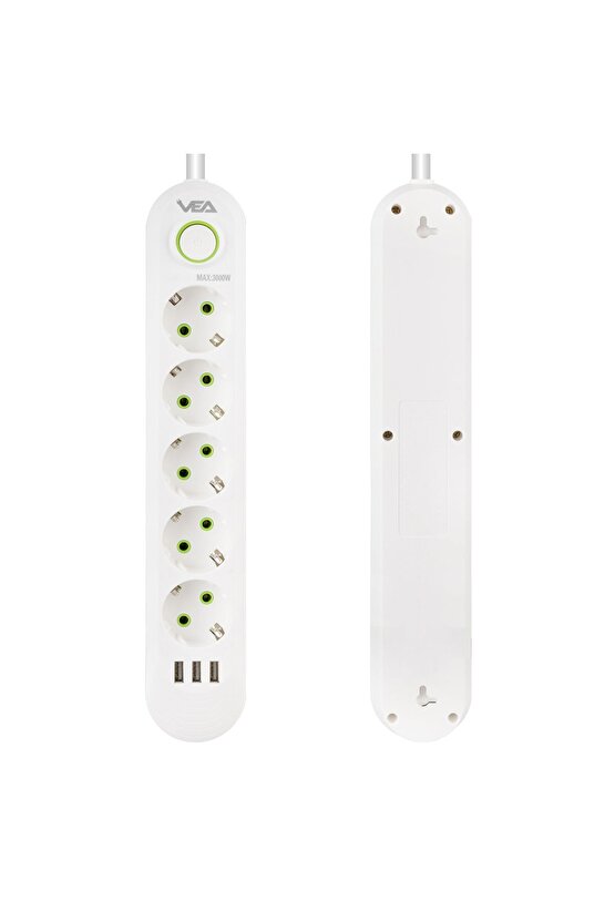1.5 Metre Kablolu 3 Usb + 5 Topraklı Prizi Beyaz Akım Korumalı Çoklu Priz AXE4R-7H1