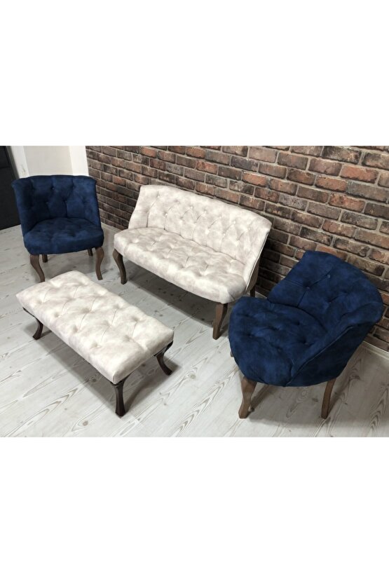 Lacivert Ve Krem Çay Seti Berjer Koltuk Takımı 2+1+1 Koltuk Ve Bench Bank