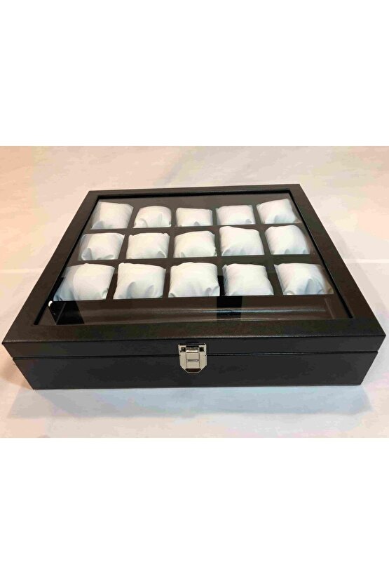 Türk Malı Ahşap iskelet Siyah Deri Kaplı Şık Trend 15 Gözlü Ziynet Takı Saat Kutusu