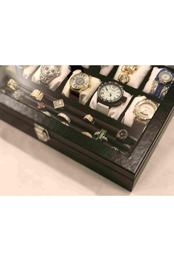 Türk Malı Ahşap iskelet Siyah Deri Kaplı Şık Trend 15 Gözlü Ziynet Takı Saat Kutusu