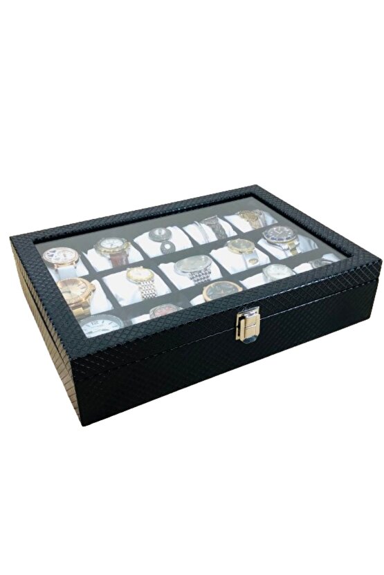 Baklava Desen Siyah Renk Deri Kaplama Ahşap Lux 15li Saat Kutusu  Beyaz Yastıklı