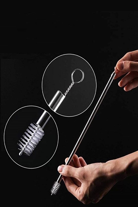 Paslanmaz Çelik Metal Meşrubat Pipeti Ve Pipet Temizleme Fırçası Seti 6 Parça