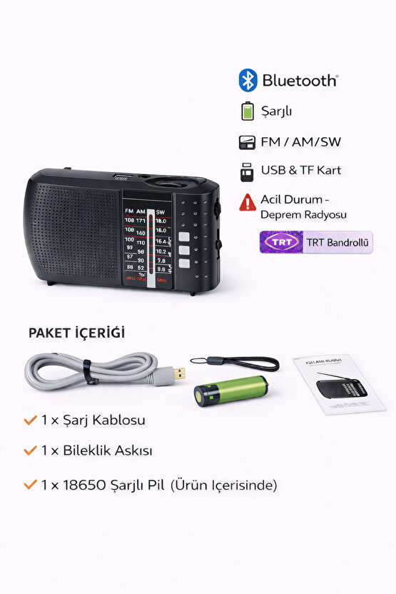 ICF8BT Bluetooth’lu Şarjlı Cep Radyosu | FM AM SW | USB TF Kart | Acil Durum & Deprem Radyosu