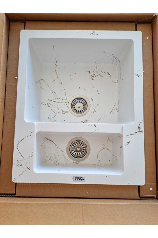 1,5 Göz Beyaz Zemin Kahve Damar 60x50 Cm Granit Evye NOKTA EVİYE