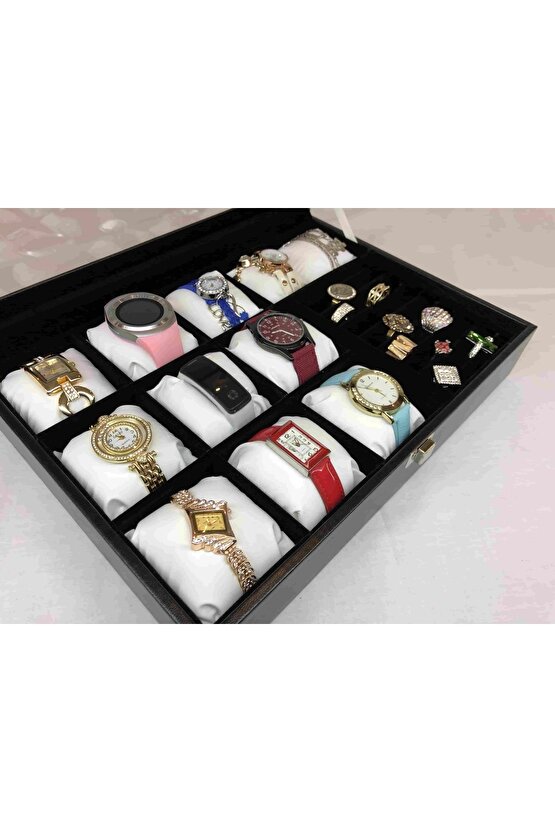 El Yapımı Deri Kaplı Kol Saati Takı Küpe Kolye Bileklik Mücevherat Saklama Kutusu Beyaz Yastıklı