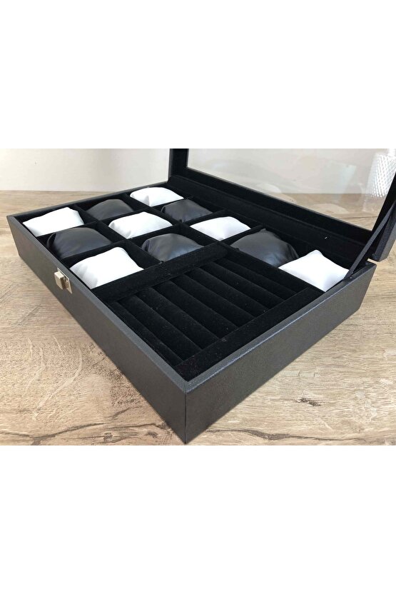 Deri Kaplı Cam Kapaklı El Yapımı Saat Takı Küpe Kolye Saklamak İçin Dekoratif Kutu