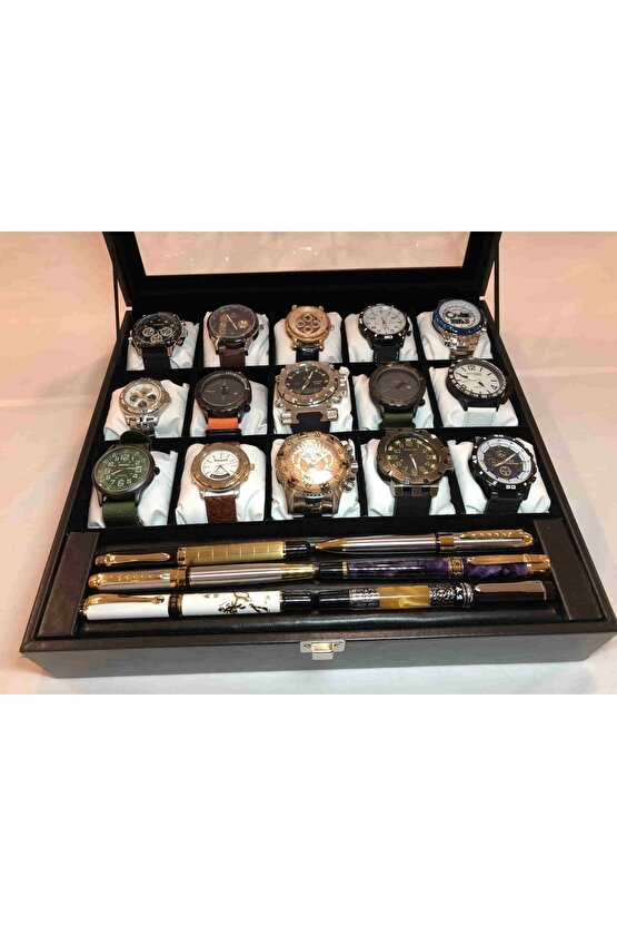 15 Adet Saklama Standlı Siyah Derii Beyaz Yastıklı Unisex Özel Saat Ve Bileklik Kolye Yüzük Kutusu