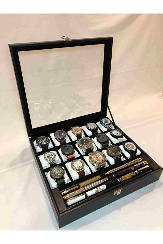 15 Adet Saklama Standlı Siyah Derii Beyaz Yastıklı Unisex Özel Saat Ve Bileklik Kolye Yüzük Kutusu