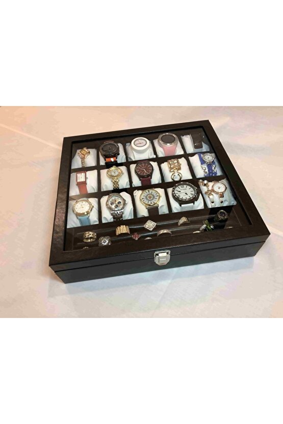 Kol Saatleri Küpe Kolye Bileklik Halhal Yüzük Saat Için 15 Bölme Yastıklı Deri Saklama Kutusu