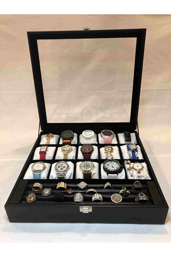 Kol Saatleri Küpe Kolye Bileklik Halhal Yüzük Saat Için 15 Bölme Yastıklı Deri Saklama Kutusu