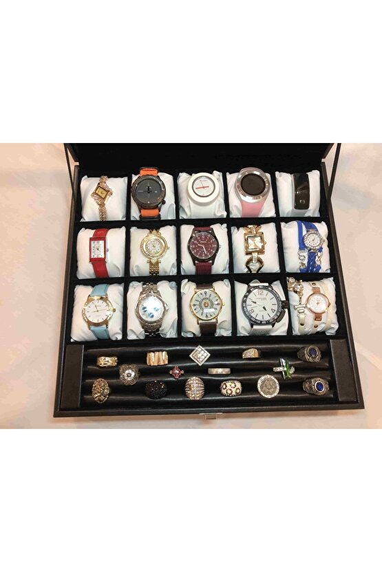 Kol Saatleri Küpe Kolye Bileklik Halhal Yüzük Saat Için 15 Bölme Yastıklı Deri Saklama Kutusu