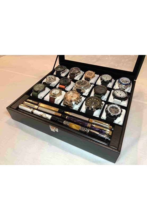 15 Gözlü Deri Saat Standı Ve Bileklik Kolye Takı Yüzük Küpe Saklama Kutusu Cam Kapaklı