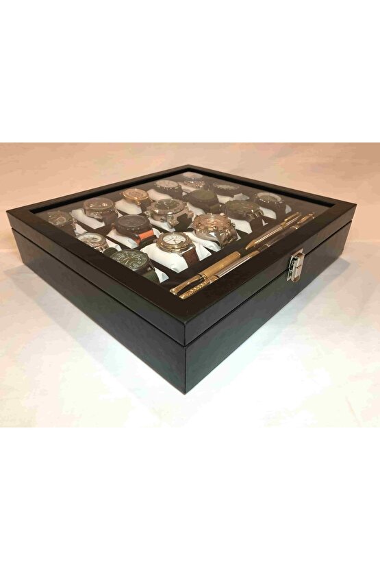 15 Gözlü Deri Saat Standı Ve Bileklik Kolye Takı Yüzük Küpe Saklama Kutusu Cam Kapaklı