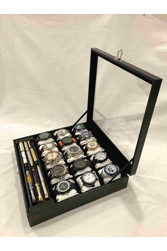 15 Gözlü Deri Saat Standı Ve Bileklik Kolye Takı Yüzük Küpe Saklama Kutusu Cam Kapaklı