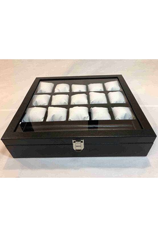 15 Bölme Görsel Cam Kapak Ahşap Iskelet Siyah Deri Kaplı Şık 15li Özel Kadın Takı Saat Kutusu