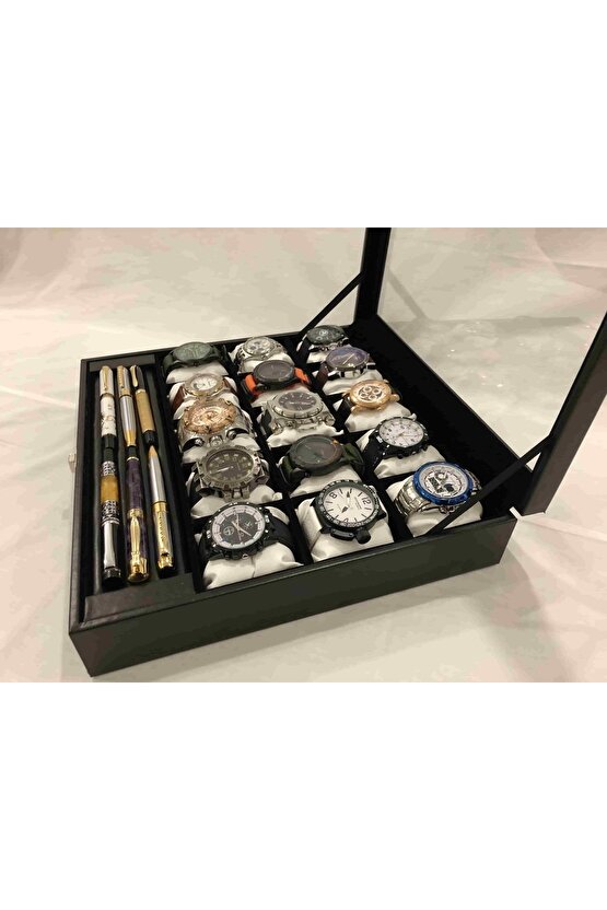 15 Bölme Görsel Cam Kapak Ahşap Iskelet Siyah Deri Kaplı Şık 15li Özel Kadın Takı Saat Kutusu