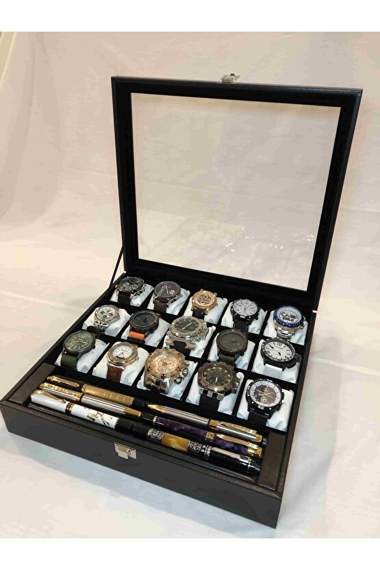 Yatak Odası Düzenleyici Dışı Siyah Içi Kadife 15 Farklı Gözlü Kolye Bileklik Takı Saat Kutusu